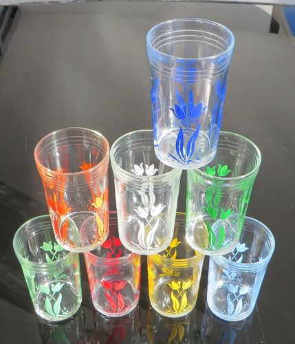 Swanky Swig Glasses Set of Eight - Tulips - morpeth antique centre hunter valley swanky swig glasses blue red orange yellow green white tulip vegemite condiment kraft eta saniturium cottees jar