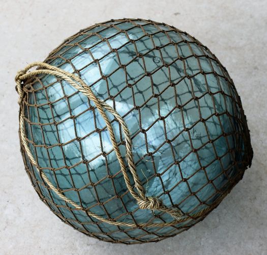 Vintage Glass Fishing Float - twelve inch - morpeth antique centre hunter valley fishing float in net brown aqua blue japan hokkaido region province 1950's recycled sake bottle