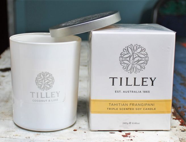 Tilley Soy Candle - Tahitian Frangipani - morpeth gift gallery hunter valley tilley tahitian frangipani hand nail body cream soap wash diffuser soy candle australian made natural