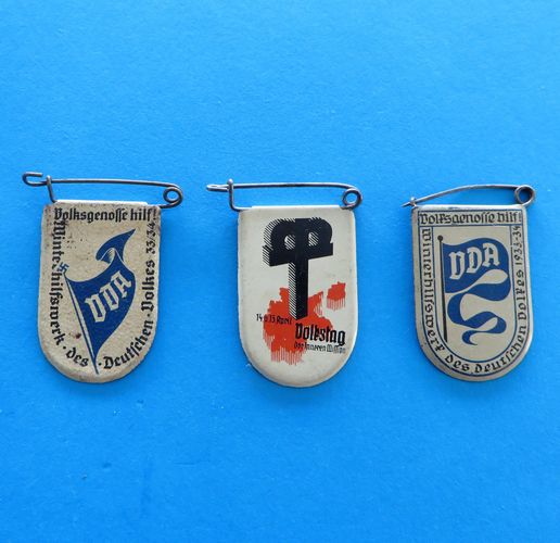 German Badge Trio - VDA - morpeth antique centre hunter valley german badge tinnie whw winter charity relief winterhilfswerk shields third reich town city coat of arms vda cultural organisation