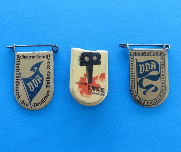 German Badge Trio - VDA - morpeth antique centre hunter valley german badge tinnie whw winter charity relief winterhilfswerk shields third reich town city coat of arms vda cultural organisation