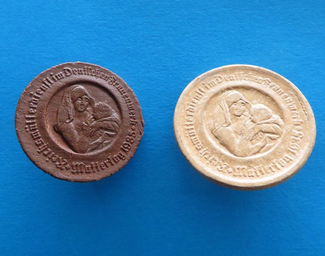 German Badge Duo - Women's Work - morpeth anrtique centre hunter valley german world war two II WHW winterhilfswerk DFW women's work frauenwerk charity campaign relief tinnie badge third reich