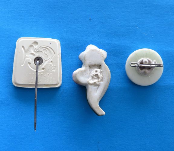 German Badge Trio - Women's Work - morpeth anrtique centre hunter valley german world war two II WHW winterhilfswerk DFW cultural women's work deutdches frauenwerk organisation charity campaign relief tinnie badge third reich