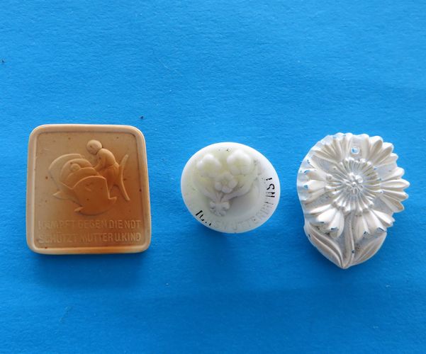 German Donation Trio - Women's Work - morpeth anrtique centre hunter valley german world war two II WHW winterhilfswerk DFW cultural women's work deutdches frauenwerk organisation charity campaign relief tinnie badge third reich