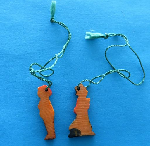 German Token Duo - Town Folk - morpeth anrtique centre hunter valley german world war two II WHW winterhilfswerk folk town people plastic wooden Christmas carolers santa chimney sweep charity campaign relief tinnie badge third reich
