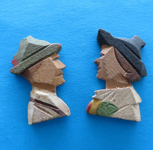 German Token Duo - German Folk - morpeth anrtique centre hunter valley german world war two II WHW winterhilfswerk folk town people plastic wooden Christmas carolers santa chimney sweep charity campaign relief tinnie badge third reich