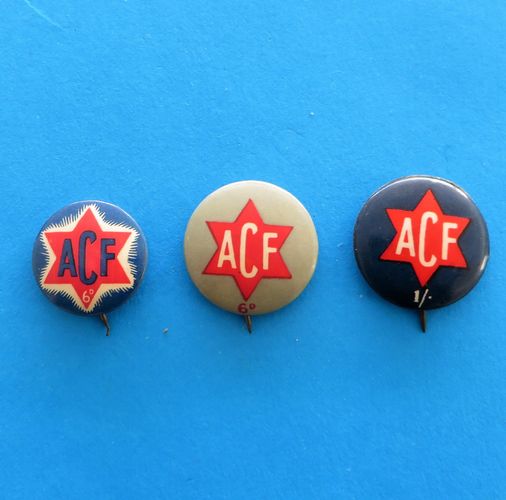 Australian Comforts Fund Badge Trio - morpeth antique centre hunter valley australian ANZAC badge tinnie pin world war one two ACF legacy SA salvation army allies appeal day russia china poppy tin hat day red cross