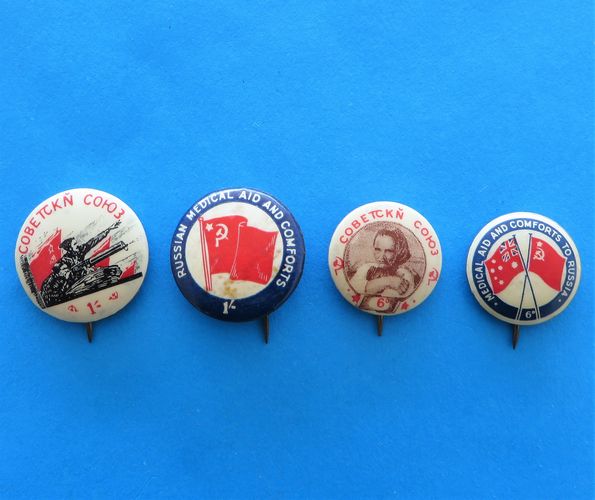 Australian Aid for Russia Badges - morpeth antique centre hunter valley australian ANZAC badge tinnie pin world war one two ACF legacy SA salvation army allies appeal day russia china poppy tin hat day red cross