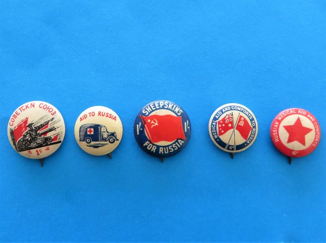 Australian Aid for Russia Badges - morpeth antique centre hunter valley australian ANZAC badge tinnie pin world war one two ACF legacy SA salvation army allies appeal day russia china poppy tin hat day red cross