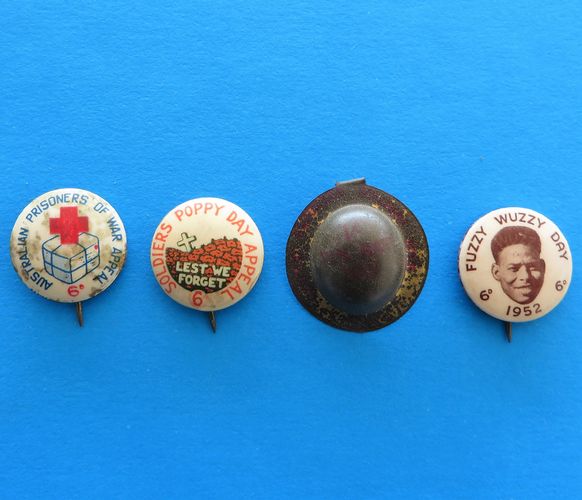 Australian WWII Charity Badge Collection - morpeth antique centre hunter valley australian ANZAC badge tinnie pin world war one two ACF legacy SA salvation army allies appeal day russia china poppy tin hat day red cross
