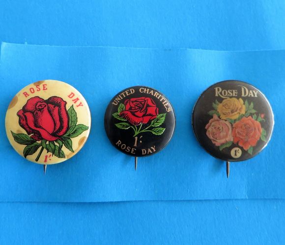 Rose Day Badge Trio - morpeth antique centre hunter valley australian tinnie badge pin rose day february 7th sydney