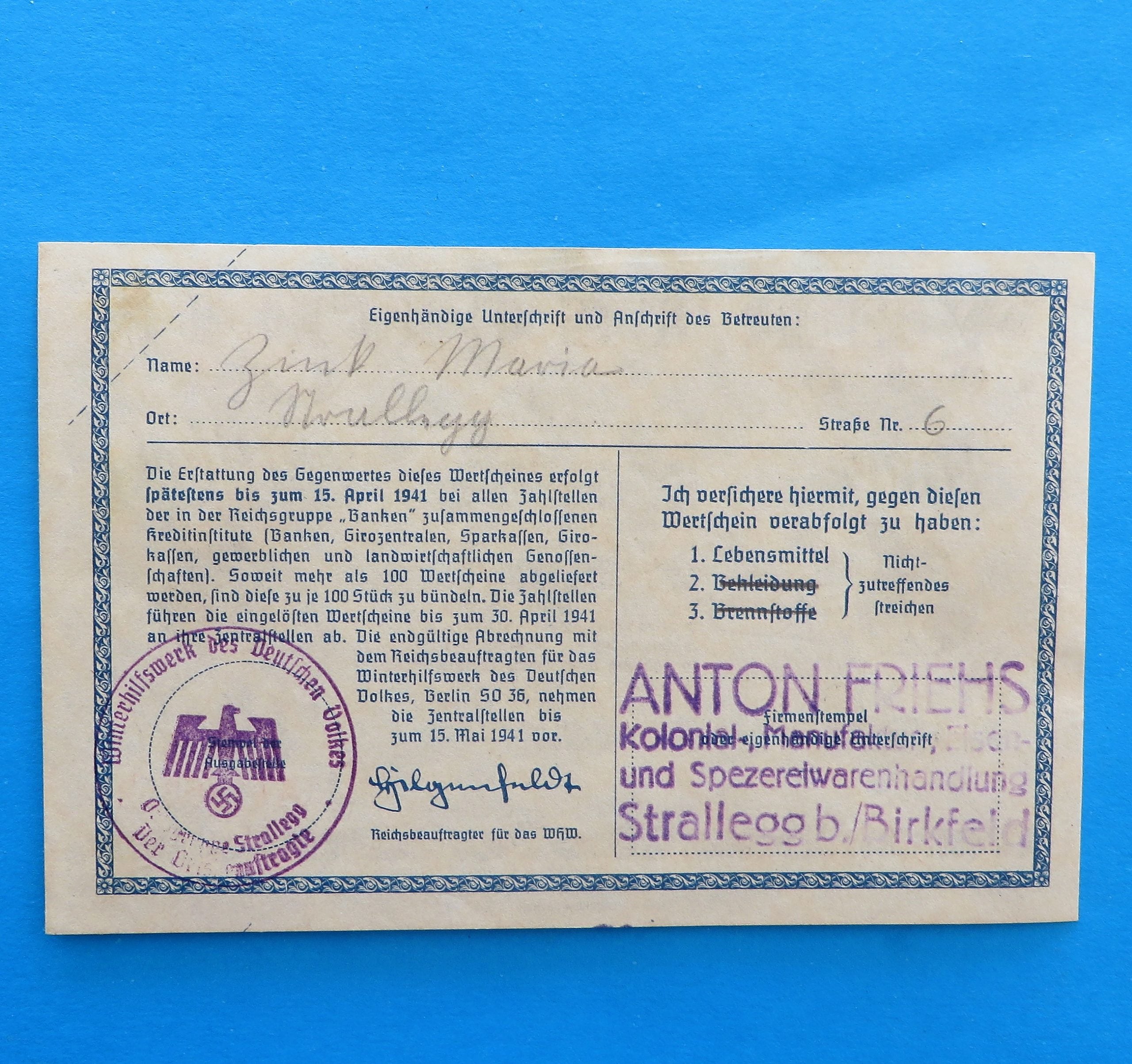 WWII German Donation Certificate - morpeth antique centre hunter valley third reich german world war two winter charity relief badge pin baltic amber shi 1937 1938 season poster propaganda WHW