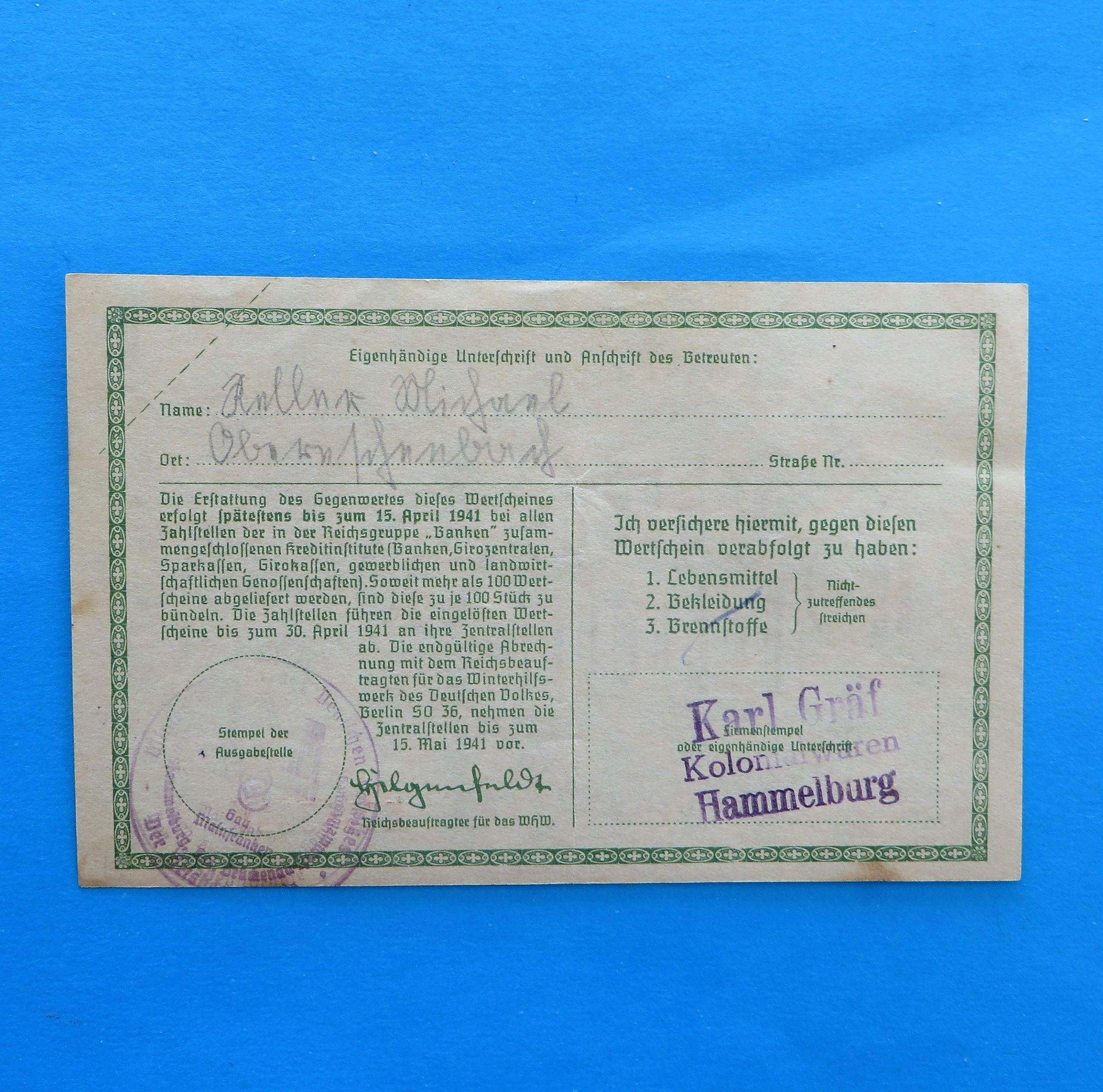 WWII German Donation Certificate - morpeth antique centre hunter valley third reich german world war two winter charity relief badge pin baltic amber shi 1940 1941 season ticket poster propaganda WHW