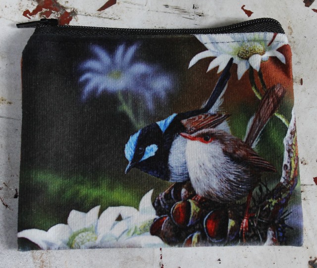 Zip Purse - Wrens - morpeth gift gallery hunter valley zip zippered purse coins toiletries make-up keys james hough australian native wrens bird flannel flower flora bouquet