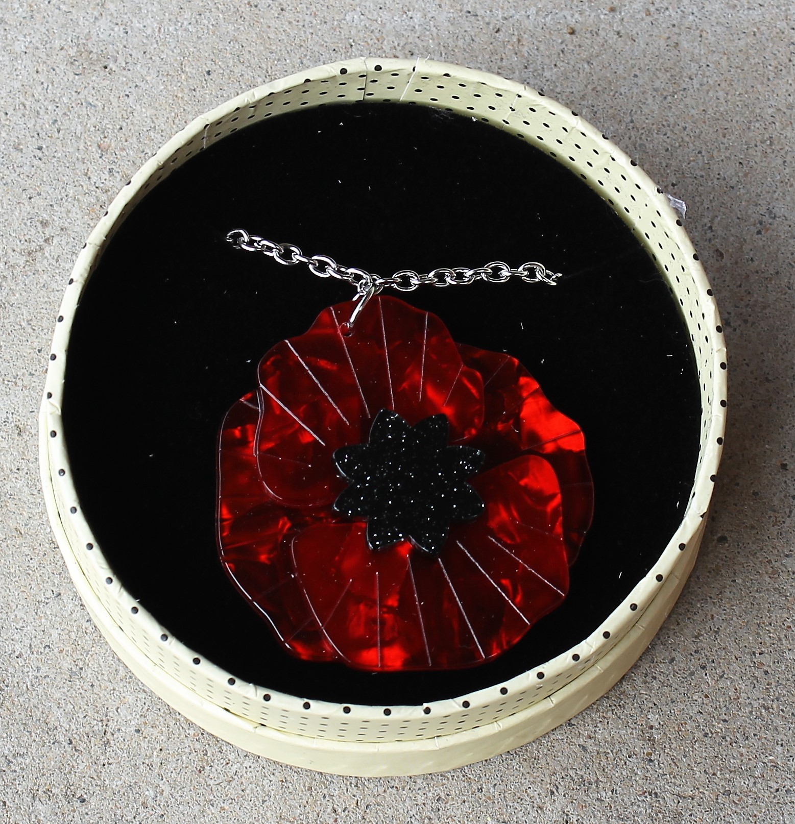 Erstwilder Necklace - Poppy Field - morpeth antique centre hunter valley erstwilder enamel pin brooch earrings cardigan clip neck head scarf handbag clutch card holder poppy field remembrance red lest we forget retro pin up collectable