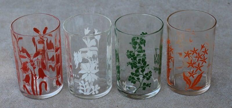 Australian Wildflower Glass - Set of Four (Orange Glass has pyro glaze wear) - morpeth antique centre hunter valley kraft mayonnaise jam chutney spread swanky swig glass tumbler australian native flannel flower vintage 1950's