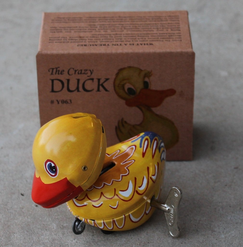 Crazy Duck Tin Toy - morpeth antique centre hunter valley tin toy collectable wind up crazy duck feeding
