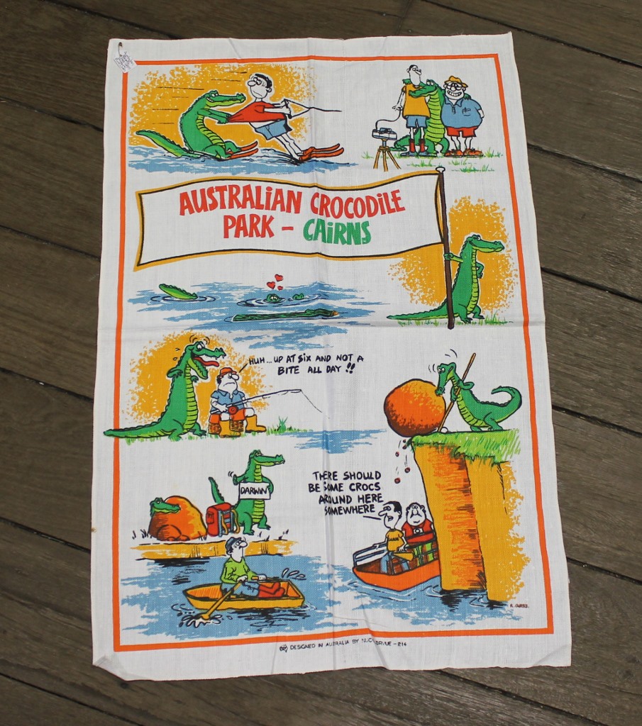 Teatowel - Crocodile Park, Cairns QLD - morpeth antique centre hunter valley linen cotton blend tea towel teatowel vintage road trip new holiday destination australian town big icon native bird animal flora fauna wild flowers beach coast rural outback souvenier international destination landmark city region cairns queensland qld state australian crocodile park great barrier reef