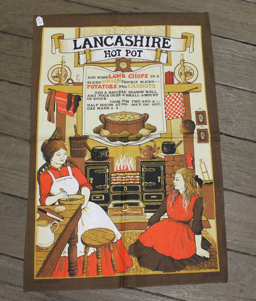 Teatowel - Lancashire, UK - morpeth antique centre hunter valley linen cotton blend tea towel teatowel vintage road trip new holiday destination australian town big icon native bird animal flora fauna wild flowers beach coast rural outback souvenier international destination landmark city region lancashire hot pot england united kingdom traditional cooking recipe
