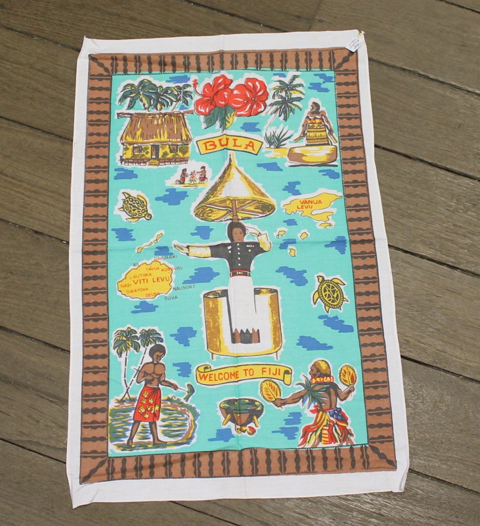 Teatowel - Fiji - morpeth antique centre hunter valley linen cotton blend tea towel teatowel vintage road trip new holiday destination australian town big icon native bird animal flora fauna wild flowers beach coast rural outback souvenier international destination landmark city region fiji bula welcome resort holiday island