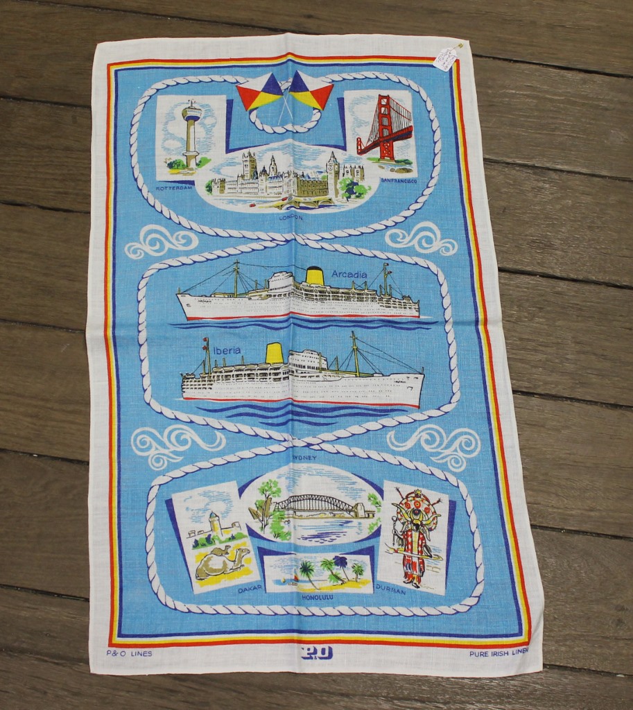 Teatowel - P&O London to Australia - morpeth antique centre hunter valley linen cotton blend tea towel teatowel vintage road trip new holiday destination australian town big icon native bird animal flora fauna wild flowers beach coast rural outback souvenier international destination landmark city region P&O cruise ship arcadia iberia oriana shipping passenger liner london sydney