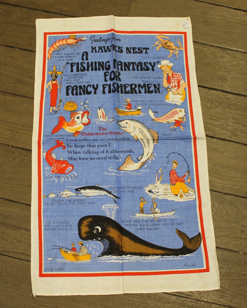 Teatowel - Hawks Nest - morpeth antique centre hunter valley linen cotton blend tea towel teatowel vintage road trip new holiday destination australian town big icon native bird animal flora fauna wild flowers beach coast rural outback souvenier international destination landmark city region hawks nest fishing fantasy for fancy fishermen north coast new south wales nsw state