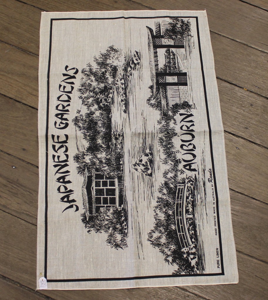 Teatowel - Auburn, NSW (Japanese Gardens) - morpeth antique centre hunter valley linen cotton blend tea towel teatowel vintage road trip new holiday destination australian town big icon native bird animal flora fauna wild flowers beach coast rural outback souvenier international destination landmark city region auburn sydney central coast new south wales state japanese gardens