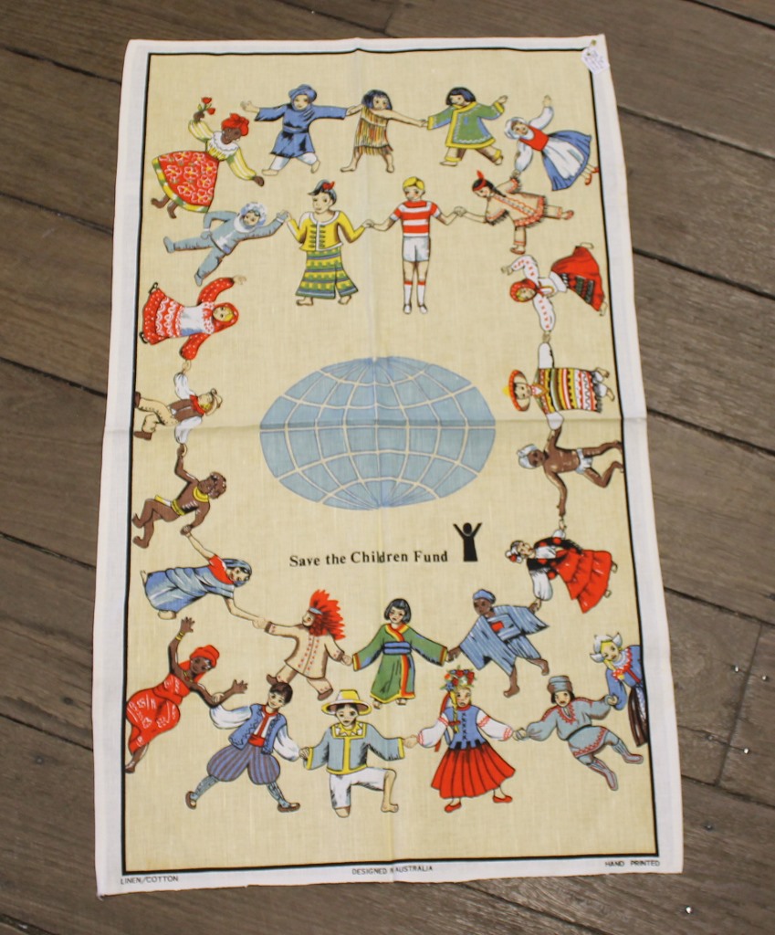 Teatowel - Save the Children Fund - morpeth antique centre hunter valley linen cotton blend tea towel teatowel vintage road trip new holiday destination australian town big icon native bird animal flora fauna wild flowers beach coast rural outback souvenier international destination landmark city region save the children fund world global organisation charity