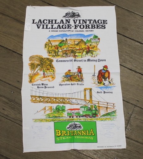 Teatowel - Forbes, NSW (Lachlan Vintage Village) - morpeth antique centre hunter valley linen cotton blend tea towel teatowel vintage road trip new holiday destination australian town big icon native bird animal flora fauna wild flowers beach coast rural outback souvenier international destination landmark city region forbes lachlan village britannia steam tramway nsw new south wales state