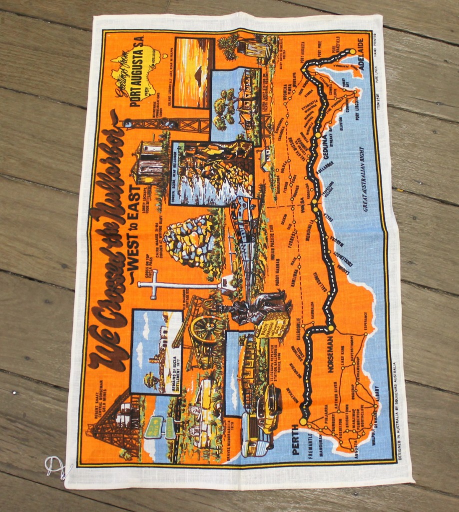 Teatowel - Port Augusta, SA - morpeth antique centre hunter valley linen cotton blend tea towel teatowel vintage road trip new holiday destination australian town big icon native bird animal flora fauna wild flowers beach coast rural outback souvenier international destination landmark city region port augusta nullabor plains outback south australia desert western sa wa west east