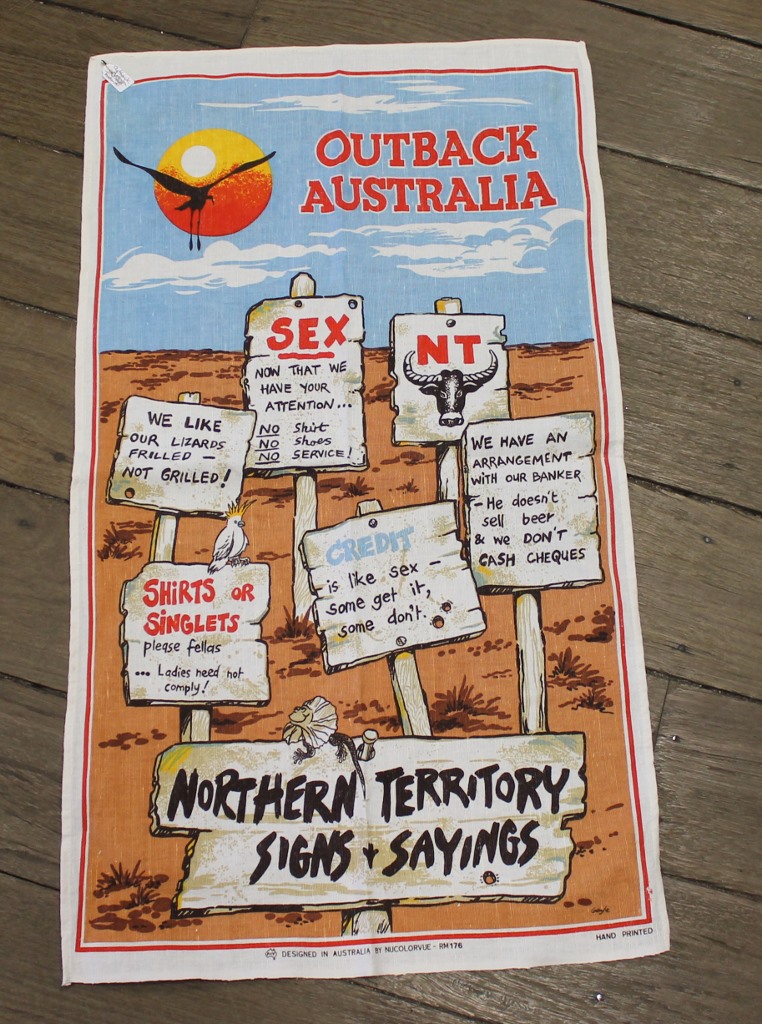 Teatowel - Northern Territory - morpeth antique centre hunter valley linen cotton blend tea towel teatowel vintage road trip new holiday destination australian town big icon native bird animal flora fauna wild flowers beach coast rural outback souvenier international destination landmark city region northern territory outback signs sayings