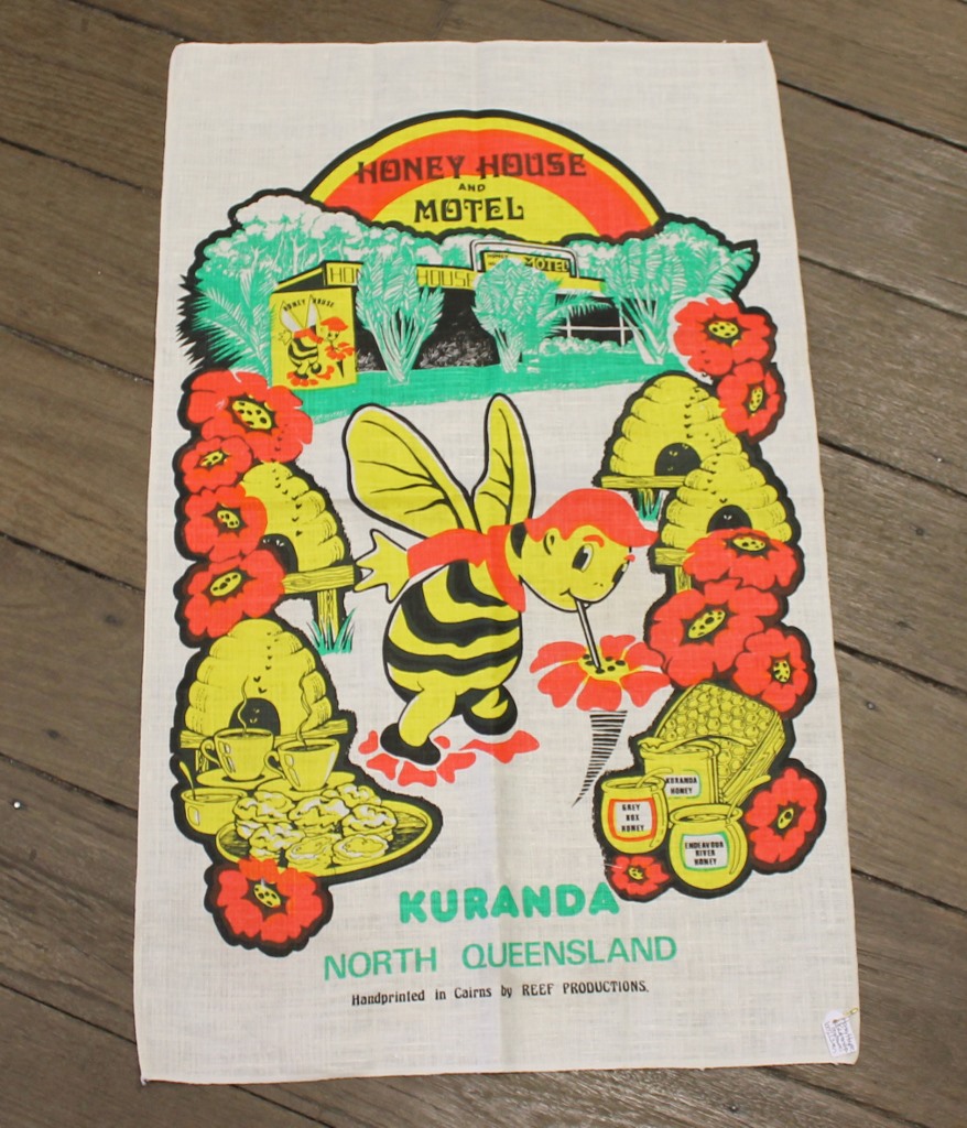 Teatowel - Kuranda Honey, QLD - morpeth antique centre hunter valley linen cotton blend tea towel teatowel vintage road trip new holiday destination australian town big icon native bird animal flora fauna wild flowers beach coast rural outback souvenier international destination landmark city region kuranda north queensland state honey house and motel bee
