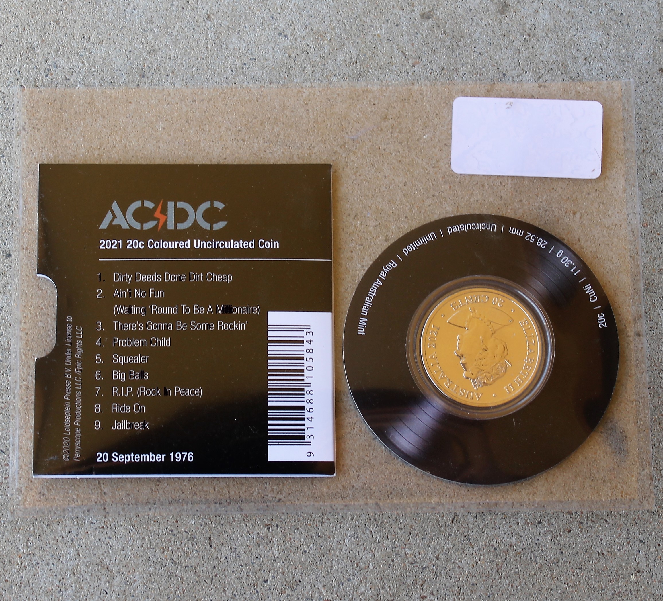 AC/DC Twenty Cent Coin - Dirty Deeds - morpeth antique centre hunter valley acdc one dollar silver frosted coin limited edition highway to hell dirty deads tnt dynamite rock aussie australian band rock back in black