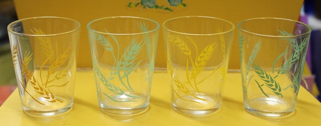 Swanky Swig Glass Set of Four - Wheat - morpeth antique centre hunter valley swanky swig glass corn cobs wheat stalks sheaf sanitarium show sample condiment jar