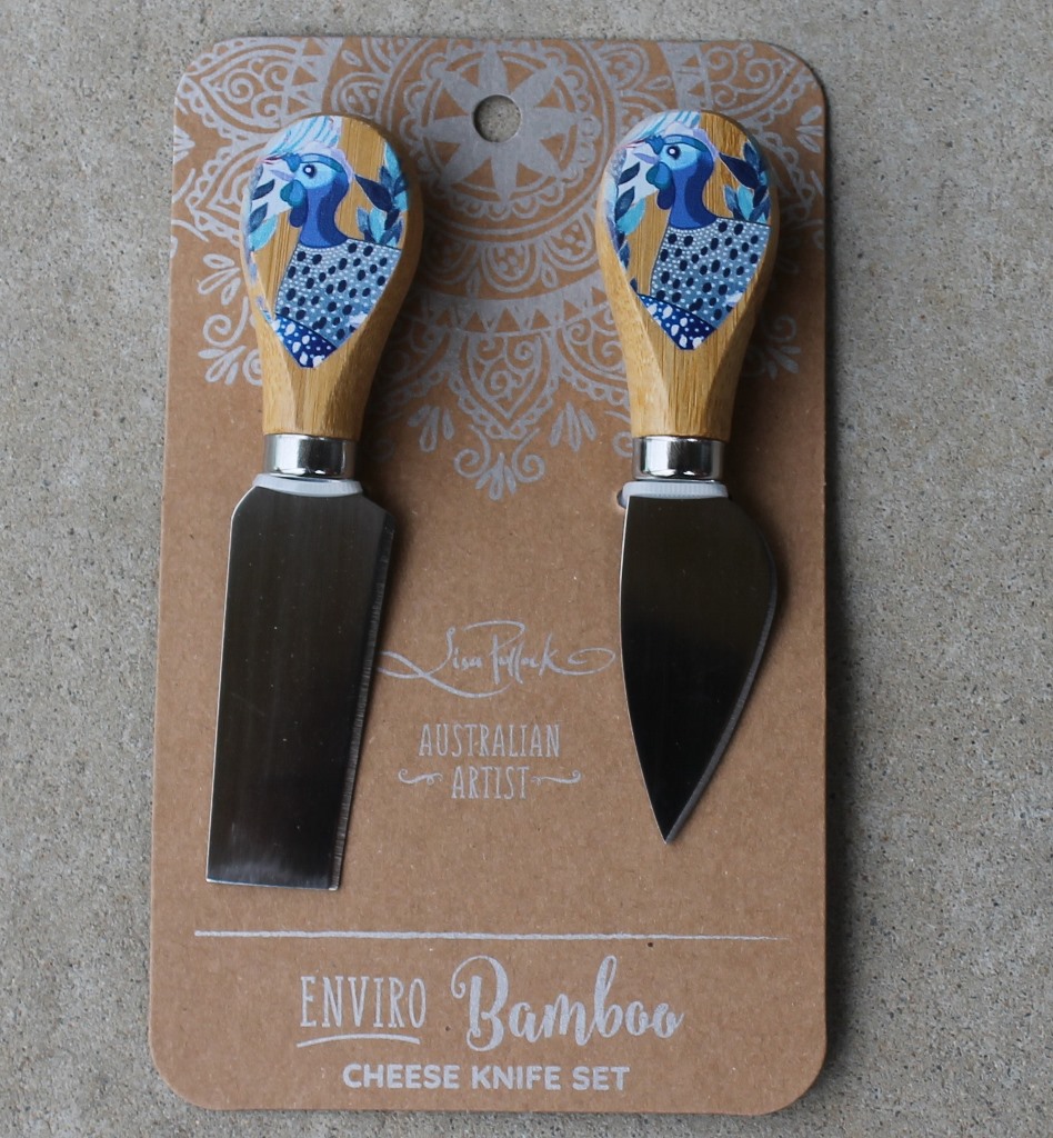 Cheese Knife Duo - Guinea Fowl Blue - morpeth gift gallery hunter valley lisa pollock art from the heart picnic table platter grazing table salad server salt pepper griunder drink cooler double walled mug stainless steel bamboo australiana guinea fowl grey nomad happy glamper platter cheese knife