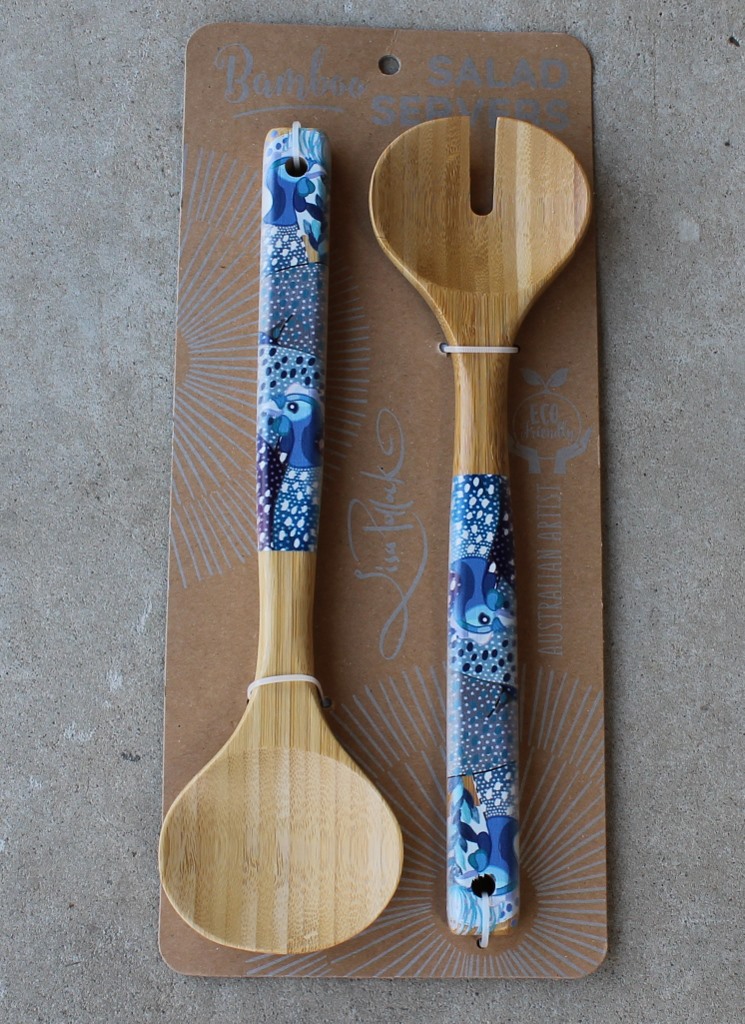 Salad Servers - Guinea Fowl Blue - morpeth gift gallery hunter valley lisa pollock art from the heart picnic table platter grazing table salad server salt pepper griunder drink cooler double walled mug stainless steel bamboo australiana guinea fowl grey nomad happy glamper platter salad servers