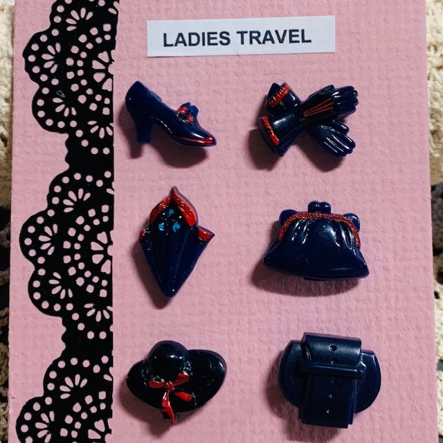 Set of Ladies Travel Buttons x 6, Vintage - Morpeth antique centre buttons shop 4 hunter valley set of Goofie novelty vintage ladies travel