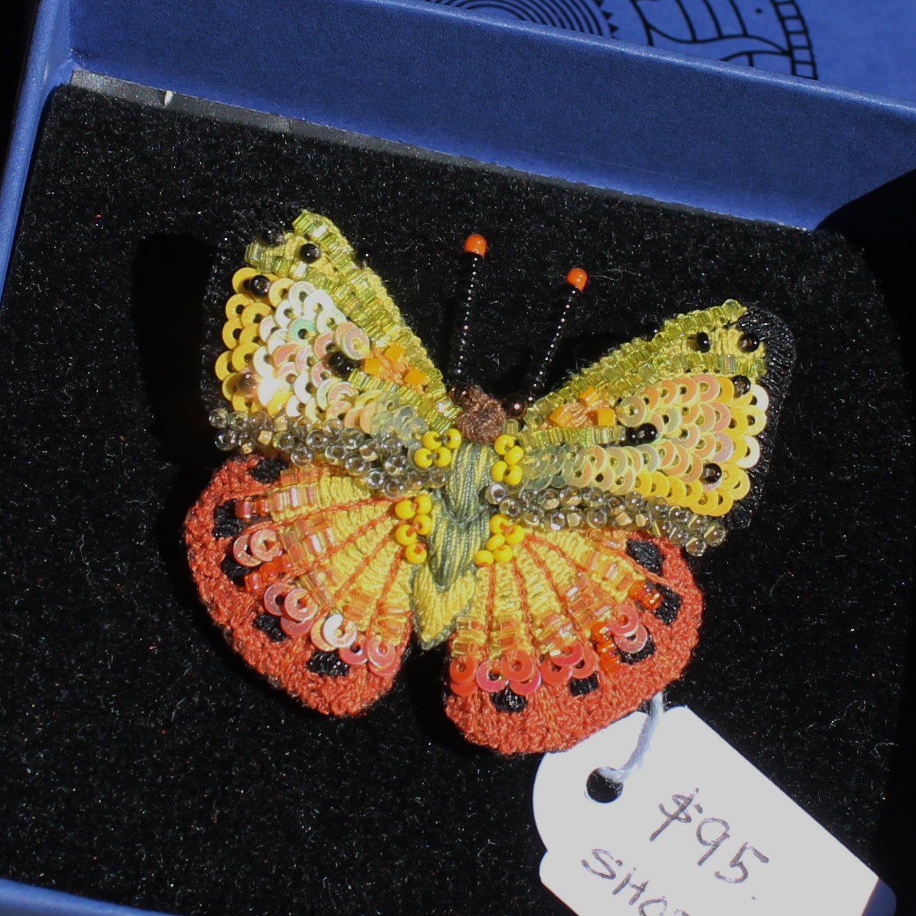 Orange Barred Sulphur Butterfly Brooch - New - Barred Sulphur Butterfly Brooch Morpeth Antique Centre Hunter Valley NSW Handcrafted Trovelore India embroidered beaded