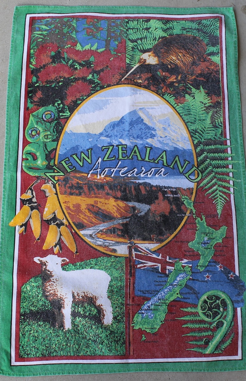 Teatowel - New Zealand Icons - morpeth antique centre hunter valley tea towel roadtrip linen cotton vintage new zealand aotearoa icons lamb kiwi tiki manuka