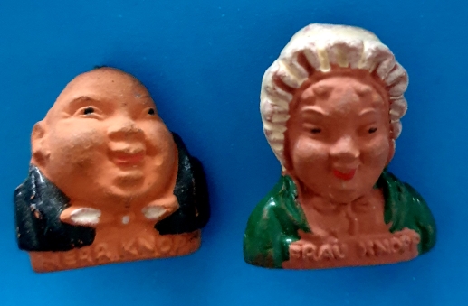 German Charity Badge Pair - Mr & Mrs Knopp - morpeth antique centre hunter valley german world war two II third reich WHW winter charity relief token glass metal plastic donation pin badge town folk herr frau knopp