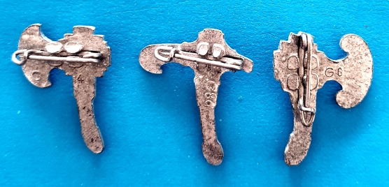 German Charity Badge Trio - Axes - morpeth antique centre hunter valley german world war two II third reich WHW winter charity relief token glass metal plastic donation pin badge axe