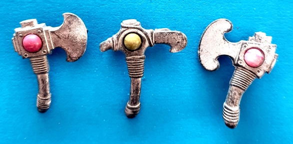 German Charity Badge Trio - Axes - morpeth antique centre hunter valley german world war two II third reich WHW winter charity relief token glass metal plastic donation pin badge axe