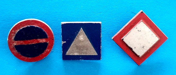 German Charity Badge Trio - Roadsigns - morpeth antique centre hunter valley german world war two II third reich WHW winter charity relief token glass metal plastic donation pin badge street signs day of police