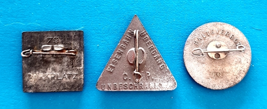 German Charity Badge Trio - Roadsigns - morpeth antique centre hunter valley german world war two II third reich WHW winter charity relief token glass metal plastic donation pin badge street signs day of police