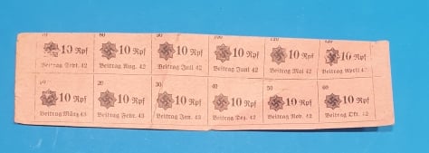 German National Air Protection Member Dues - morpeth antique centre hunter valley german world war two II third reich WHW winter charity relief token glass metal plastic donation pin badge RLB luftschutz bund member monthly dues receipts calendar year