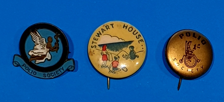 Australian Charity Badge Trio - Polio Society & Stewart House - morpeth antique centre hunter valley australian comforts fund tinnie badge trio ymca salvation army polio society stewart house