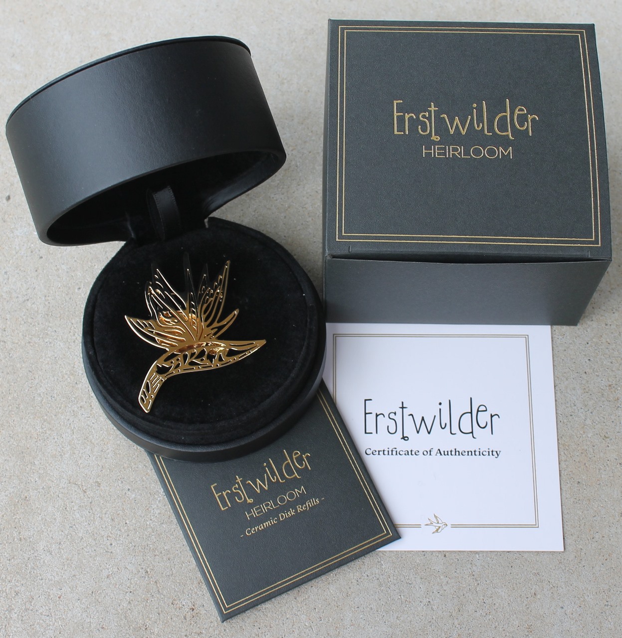 Erstwilder Pomander Brooch - Birds of a Feather (Strelitzia) - morpeth antique centre hunter valley erstwilder heirloom pomander perfumed brooch birds of a feather paradise strelitzia