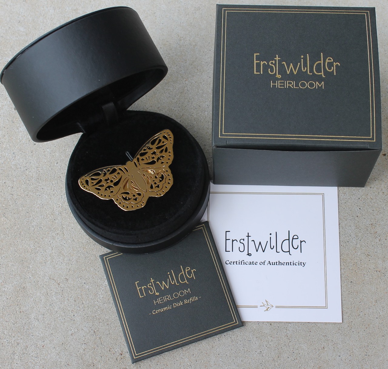 Erstwilder Pomander Brooch - Prince of Orange (Butterfly) - morpeth antique centre hunter valley erstwilder heirloom pomander perfumed brooch prince of orange butterfly