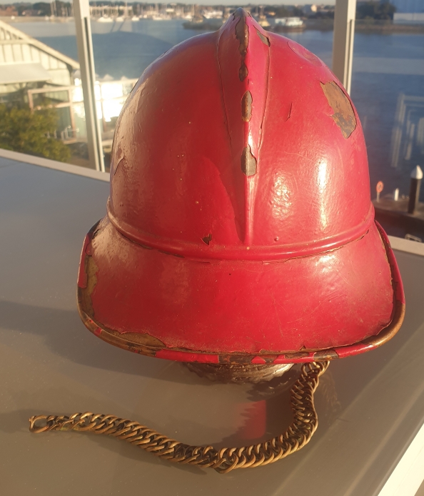 Imperial German Fireman Helmet - morpeth antique centre hunter valley german fire helmet deutsche transport original lead red paint oak leaf wreath DT prussian victorian brigade brass link chain chin strap militaria nautical industrial