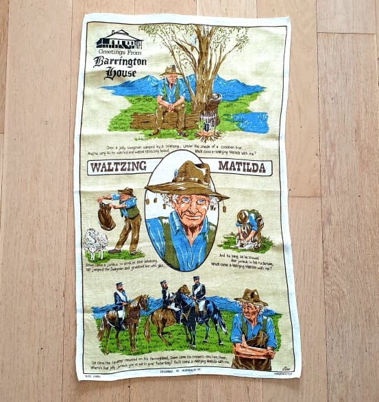 Teatowel - Barrington House Swagman - morpeth antique centre hunter valley vintage linen cotton tea towel australia irish linen barrington house waltzing matilda